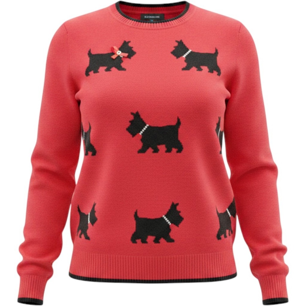 Calligraphie Womens Red Scottie Dog Print Crew Neck Knit Sweater L see meas